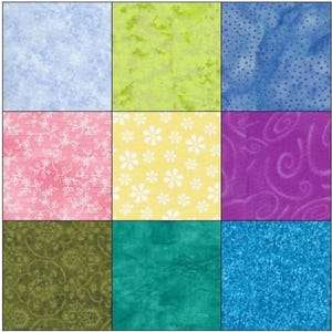 May include: A collage of nine fabric swatches in various colors and patterns, including light blue, green, yellow, pink, purple, and blue. The swatches are arranged in a 3x3 grid.