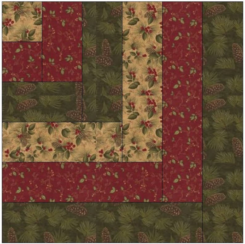May include: A quilt block pattern with a log cabin design. The block is made up of different fabrics with a red, green, and beige color scheme. The fabrics feature pine cone and holly berry patterns.