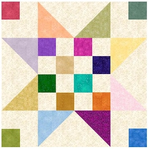 Könnte beinhalten: Ein farbenfroher Patchwork-Quiltblock mit einem Sternmuster. Der Block zeigt eine Vielzahl von Farben, darunter Pink, Lila, Blau, Grün, Gelb und Orange. Der Stern besteht aus Dreiecken und der Hintergrund ist hellbeige.