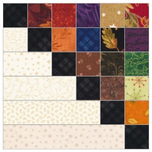 Op de afbeelding: Een quiltblokpatroon met 25 verschillende stoffen vierkanten. De stoffen zijn in verschillende kleuren en patronen, waaronder bloemen, geometrische en abstracte ontwerpen. Het quiltblok is gemaakt van 5 rijen met elk 5 vierkanten.