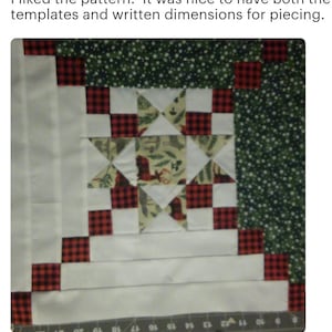 May include: A close-up of a quilt block with a red and black plaid fabric, white fabric, and a green fabric with white polka dots. The quilt block is made up of squares and triangles. The quilt block is labeled with numbers from 9 to 20.