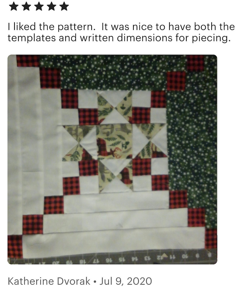 May include: A close-up of a quilt block with a red and black plaid fabric, white fabric, and a green fabric with white polka dots. The quilt block is made up of squares and triangles. The quilt block is labeled with numbers from 9 to 20.