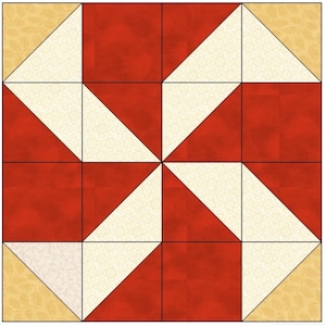 Könnte beinhalten: Ein quadratisches Quiltblock-Design mit einem sich wiederholenden Muster aus roten Quadraten und cremefarbenen Dreiecken. Die Dreiecke erzeugen in der Mitte einen Windradeffekt, mit tanfarbenen Dreiecken in den Ecken.