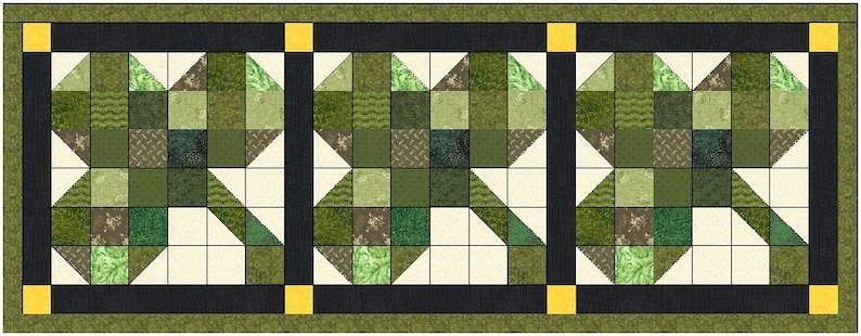 May include: A quilt runner with a repeating pattern of green and white squares, forming a star shape. The runner has a black border with yellow accents.