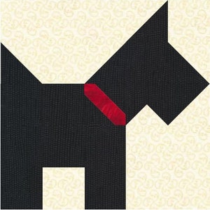 May include: Black paper pieced dog with a red collar. The dog is standing on a white background with a pattern of small circles.