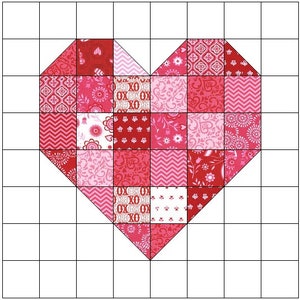 May include: A red and pink patchwork heart quilt block with a variety of patterns, including floral, geometric, and polka dots.