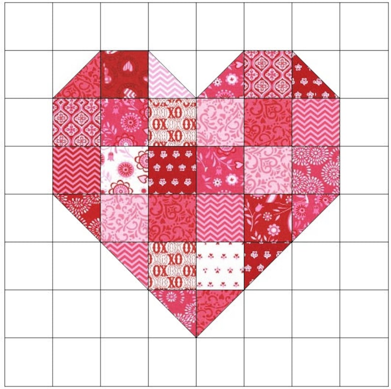 May include: A red and pink patchwork heart quilt block with a variety of patterns, including floral, geometric, and polka dots.
