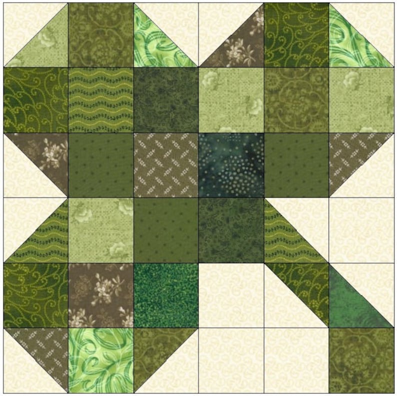 May include: A green and brown patchwork quilt block with a clover design. The block is made up of squares and triangles of different shades of green and brown.