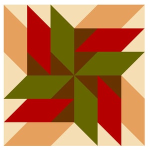 Puede incluir: Un bloque de colcha con un diseño de estrella en tonos de rojo, verde, marrón y beige.