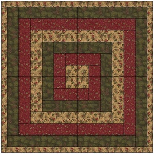 May include: A quilt block pattern with a log cabin design. The block is made up of alternating strips of red, green, and beige fabric with a floral print.