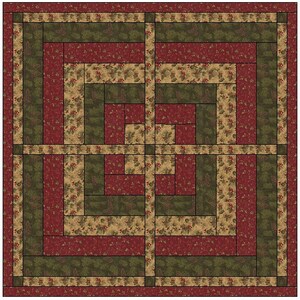 May include: A quilt block with a log cabin pattern in shades of red, green, and beige. The block is made up of strips of fabric sewn together to create a square.