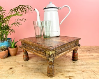 Vintage Indian Small Painted Wooden Bajot Low Table