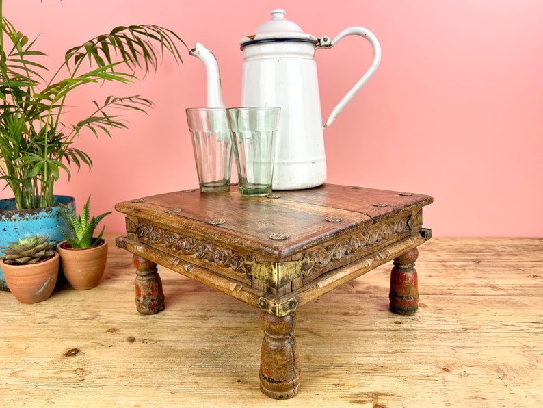 Vintage Indian Small Wooden Bajot Low Table image 1