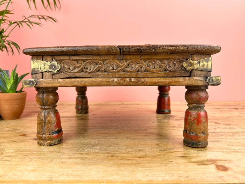 Vintage Indian Small Wooden Bajot Low Table image 8