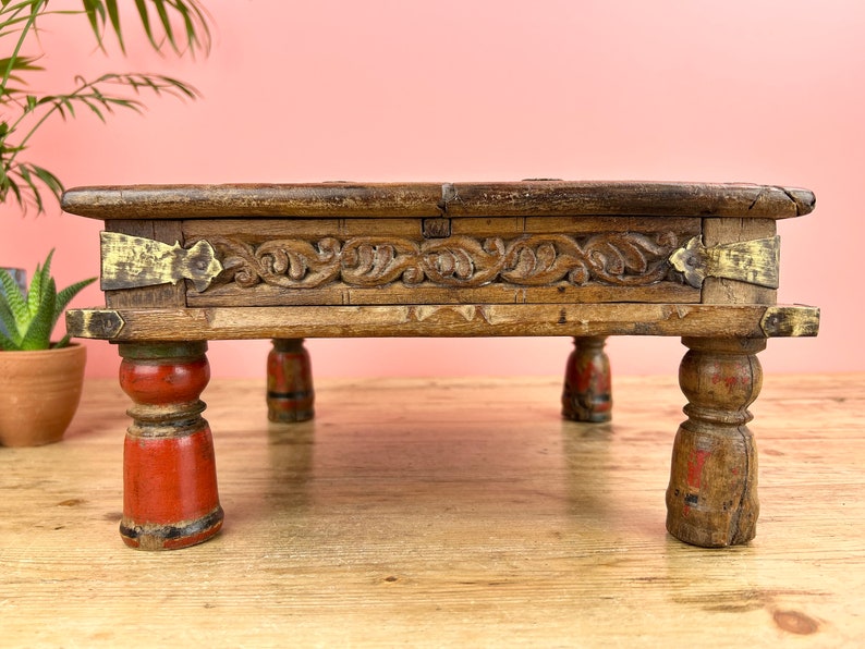 Vintage Indian Small Wooden Bajot Low Table image 6
