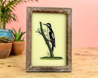 Vintage Indian Reverse Glass Painting of a Woodpecker, Bird