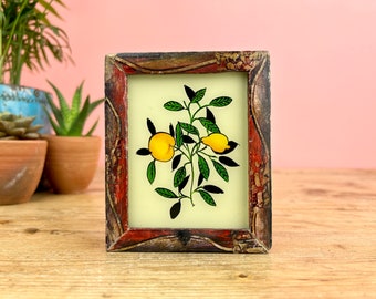 Vintage Indian Reverse Glass Painting of Lemons, Botanical