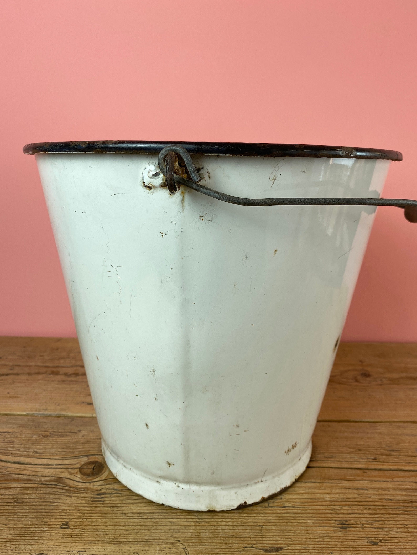 Vintage white enamel bucket with Wooden Handle Etsy