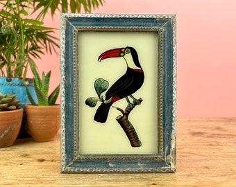 Vintage Indian Reverse Glass Painting of a Toucan, Bird