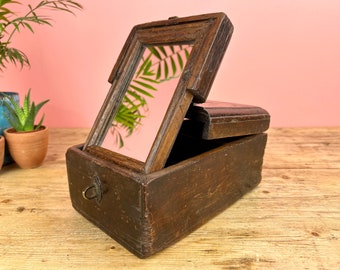 Vintage Indian Teak Wood Mirror Barber Box