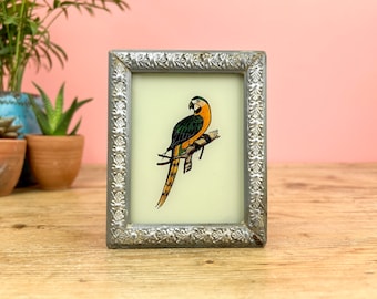 Vintage Indian Reverse Glass Painting of a Parrot Bird