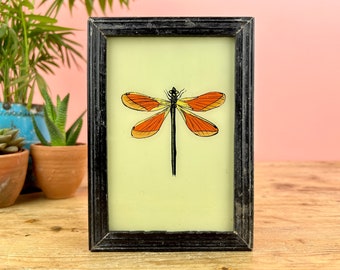 Vintage Indian Reverse Glass Painting of a Dragonfly, Insect
