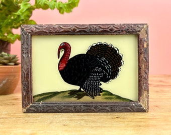 Vintage Indian Reverse Glass Painting of a Turkey, Bird