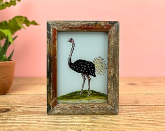 Vintage Indian Reverse Glass Painting of a Ostrich