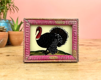 Vintage Indian Reverse Glass Painting of a Turkey, Bird