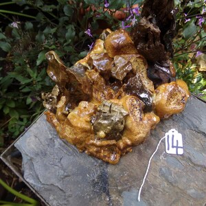 May include: A decorative sculpture featuring a cluster of amber-colored, textured resin formations combined with dark, glossy mineral-like elements. A small white tag with the handwritten number 14 is attached to the base of the sculpture.