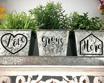 LOVE GROWS HERE- Galvanized Indoor Windowsill Herb Garden Trio Metal Square Pot Set of 3 with Tray