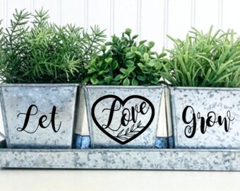 LET LOVE GROW- Galvanized Indoor Windowsill Herb Garden Trio Metal Square Pot Set of 3 with Tray