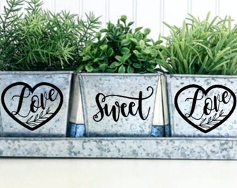 LOVE SWEET LOVE- Galvanized Indoor Windowsill Herb Garden Trio Metal Square Pot Set of 3 with Tray