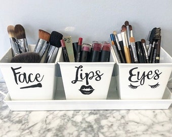 FACE LIPS EYES Makeup Brush Storage White Metal Square Pots Set of 3 with Tray