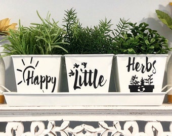 HAPPY LITTLE HERBS Indoor Kitchen Windowsill Herb Garden White Metal Square Pots, Set of 3 with Tray