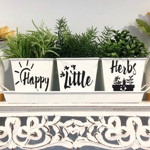 HAPPY LITTLE HERBS Indoor Kitchen Windowsill Herb Garden White Metal Square Pots, Set of 3 with Tray image 1