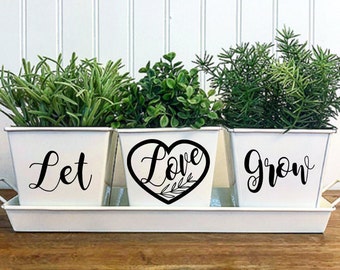 LET LOVE GROW- White Indoor Windowsill Herb Garden Trio Metal Square Pot Set of 3 with Tray