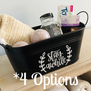 Guest Gift Basket Oval Metal Black with Handles Stay Awhile For Our Guests Be Our Guest Welcome