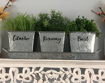 CHOOSE YOUR LABELS - Galvanized Indoor Windowsill Herb Garden Trio Metal Square Pot Set of 3 with Tray