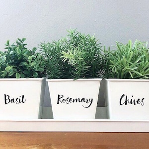 May include: Three white metal planters with black labels reading "Basil", "Rosemary", and "Chives" are arranged in a row on a white tray. The planters are filled with green herbs.