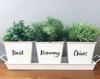 CHOOSE YOUR LABELS White Square Metal Herb Planters Set of 3 with Tray Indoor Kitchen Windowsill