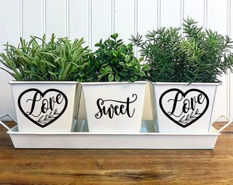 LOVE SWEET LOVE- White Indoor Windowsill Herb Garden Trio Metal Square Pot Set of 3 with Tray