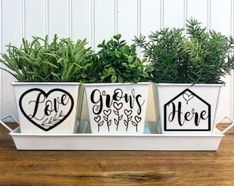 LOVE GROWS HERE- White Indoor Windowsill Herb Garden Trio Metal Square Pot Set of 3 with Tray