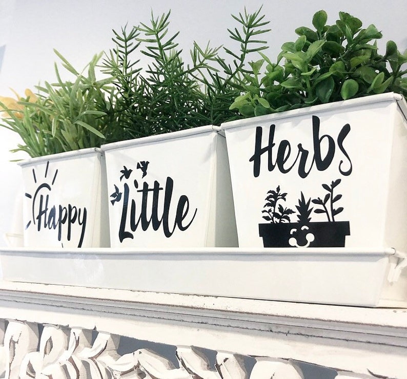 HAPPY LITTLE HERBS Indoor Kitchen Windowsill Herb Garden White Metal Square Pots, Set of 3 with Tray image 3