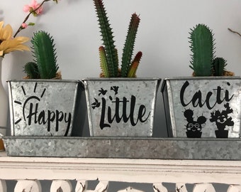 HAPPY LITTLE CACTI Indoor Cacti Planter Galvanized Metal Square Pots set of 3 with Tray