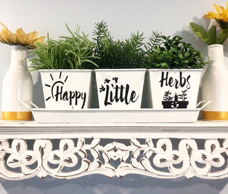 HAPPY LITTLE HERBS Indoor Kitchen Windowsill Herb Garden White Metal Square Pots, Set of 3 with Tray image 1