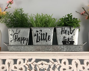 HAPPY LITTLE HERBS - Galvanized Indoor Windowsill Herb Garden Trio Metal Square Pot Set of 3 with Tray