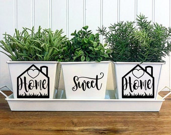 HOME SWEET HOME- White Indoor Windowsill Herb Garden Trio Metal Square Pot Set of 3 with Tray