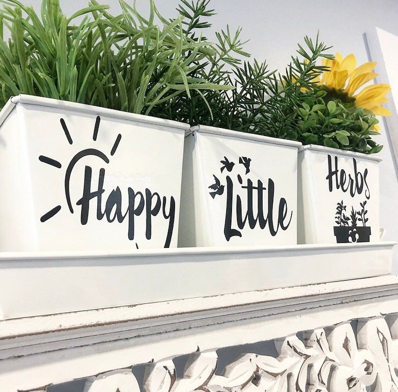 HAPPY LITTLE HERBS Indoor Kitchen Windowsill Herb Garden White Metal Square Pots, Set of 3 with Tray image 2