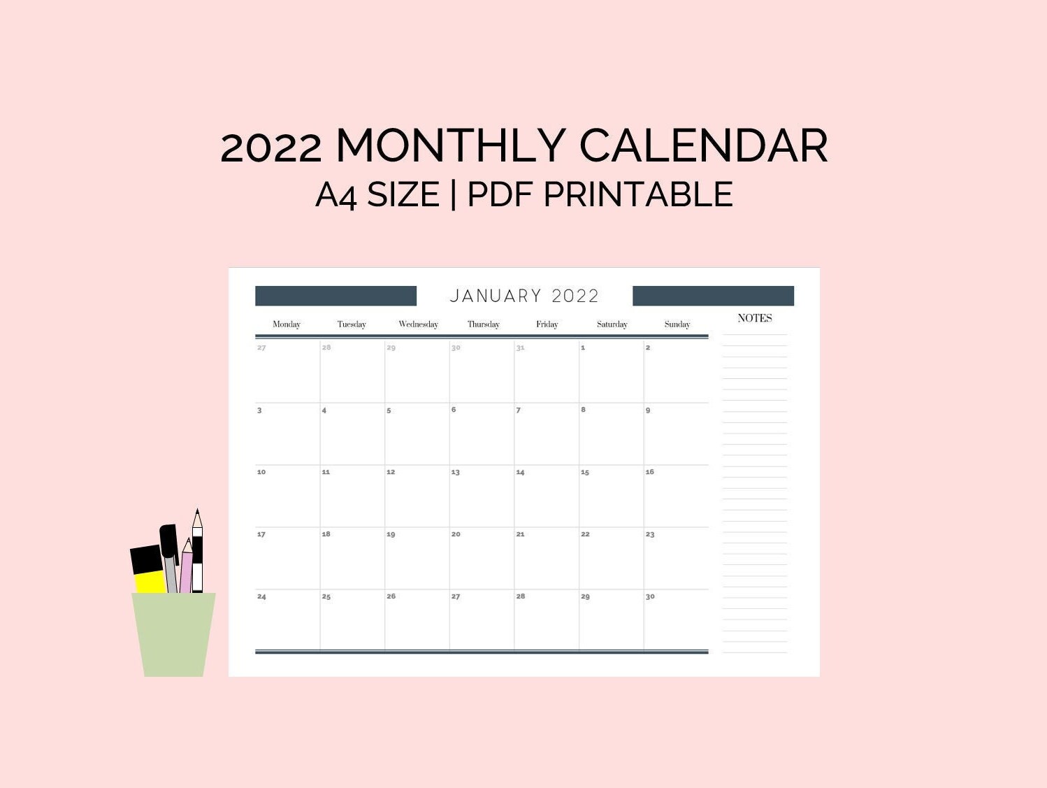 Monthly 2022 A4 calendar printable | Etsy